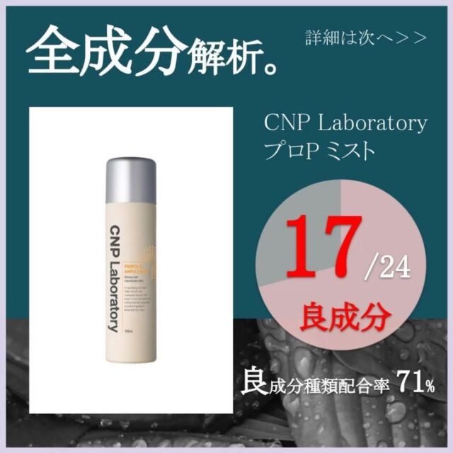 ✨化粧水全成分解析✨
「CNP Laboratory プロP ミスト」
社名: 銀座ステファニー化粧品 
みずみずしいツヤ肌を叶える霧ミスト。
バチの巣から抽出したプロポリスエキス成分を含んだミストが長時間うるおいに満ちたツヤ肌へと導きます。
細かい霧状のミストで化粧崩れを気にすることなく、メイクの上から使えます。 
【良成分種類配合率:71%】
以下、注意書きです。
・エモリエント成分:皮膚の表面になめらかに伸び、皮膚から水分を蒸散させない油溶性分のこと。
・全成分の赤字は良成分となります。
※良成分種類配合率は、配合されている成分の種類の割合です。配合量ではございません。
※良成分は、サイエンスに基づいた独自の判断で認定しております。
主に、安全性が高い、美容効果が期待される等、肌に必要な成分を“良”、不必要な成分を“それ以外”としております。
植物由来でもアレルギーの起きる可能性があります。化学成分でも、商品にとって不可欠な場合もあります。一概に、良悪の判断が出来かねる旨、ご了承くださいませ。
※同成分でも、スキンケア、ヘアケア、メイク等の用途による観点で、良成分の基準が異なる場合がございます。
※商品情報は、公式HPより引用しております。
✨
もっと知りたい情報、アドバイス等、コメント欄にてお待ちしております😊
#cnp #cnplaboratory #乾燥肌対策 #化粧水 #保湿ケア #ミスト化粧水 #乾燥肌 #メイク直し #ドラコス #プロポリス #propolis #通販コスメ #スキンケア #スキンケアマニア #スキンケア紹介 #コスメ #コスメレポ #美容女子 #スキンケアレポ #コスメ大好き #全成分表示 #スキンケア好きさんと繋がりたい #コスメレビュー #コスメ情報 #コスメ好きさんと繋がりたい #スキンケア成分 #化粧品成分 #成分解析 #成分分析 #化粧品全成分解析